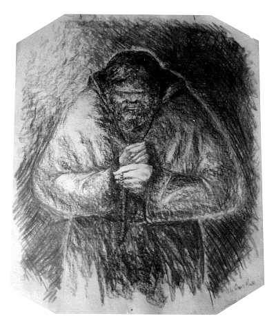 moine russe priant le Tchotki. Fusain de P. RANCOULE